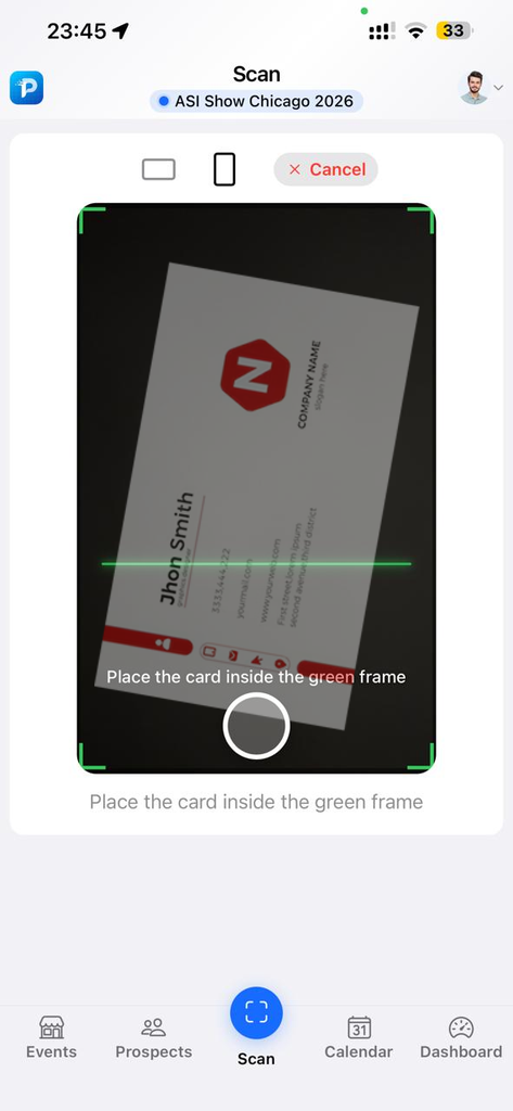 PikScan OCR scan framing a business card at ASI Show Chicago 2026