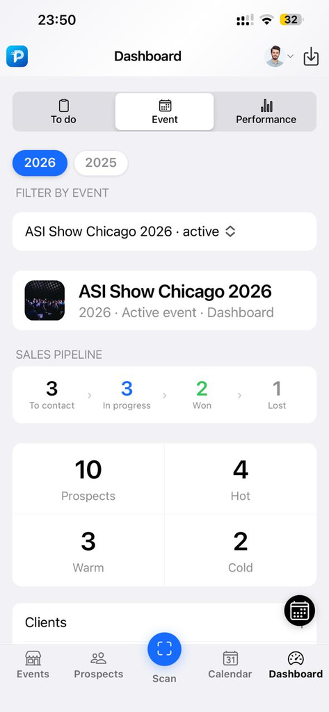 Dashboard Event tab, pipeline and prospect counts