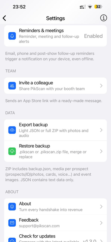 Settings General tab, language, currency and categories