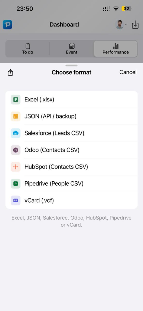 Export formats, Excel, JSON, CRM and vCard