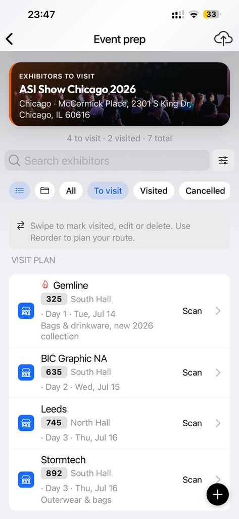 Event prep visit plan with exhibitors to visit