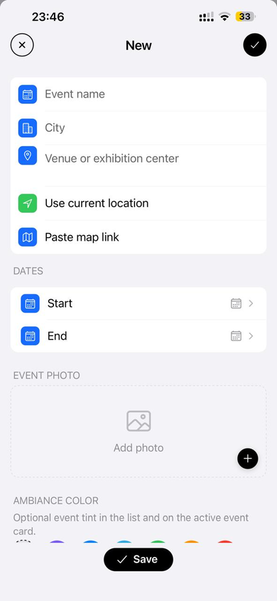New event form: name, city, venue, dates, photo and ambiance color.