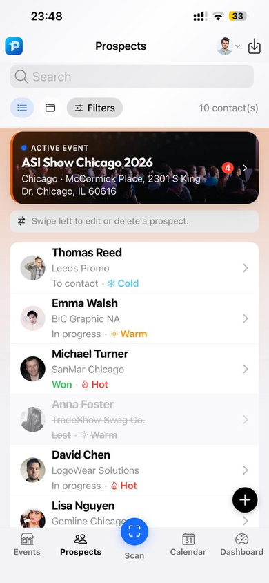 Prospects list with active event banner, search and filters.