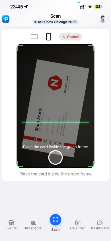Live capture: align the card inside the green frame, then tap the shutter.