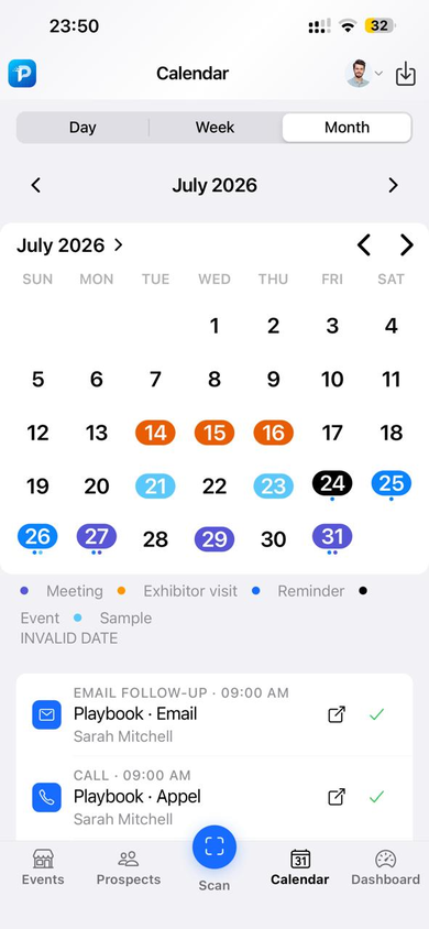 Month view — calendar, type legend and selected day detail.