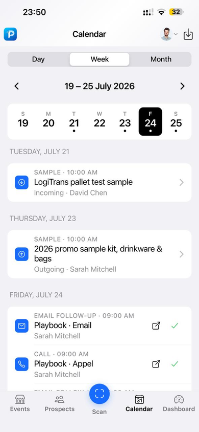 Week view — day strip and event list.