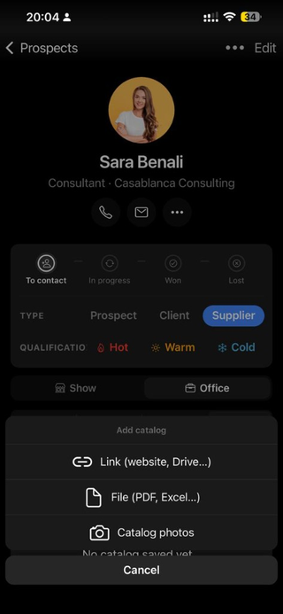 Supplier — add a catalog (link, PDF file or photos).