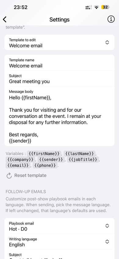 Send email — choose a template (welcome, sample, quote…).
