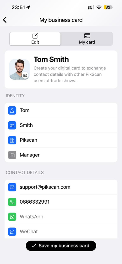 Business card editor — identity and contact details.