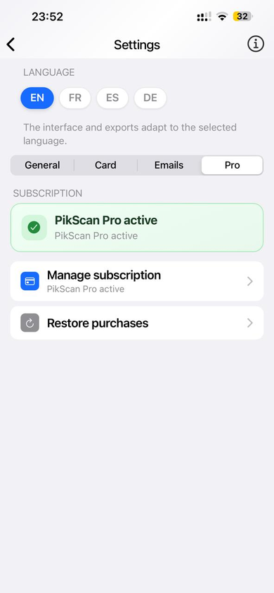 Pro tab — active PikScan Pro subscription and management.