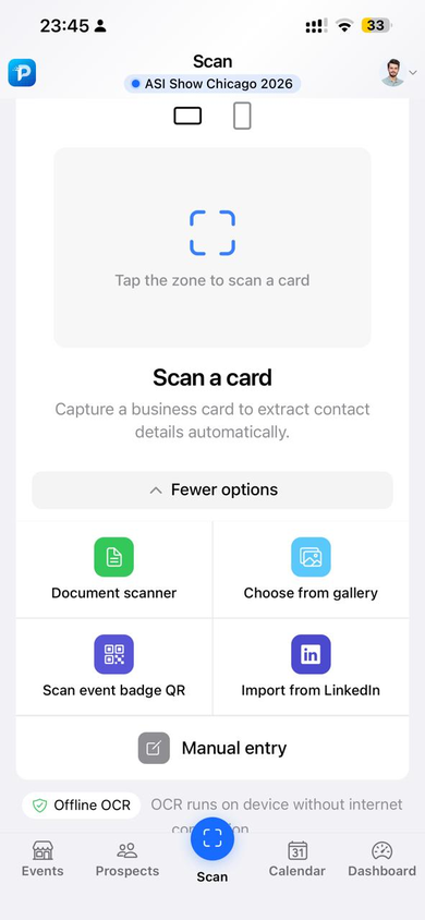 Scan screen with OCR and QR options